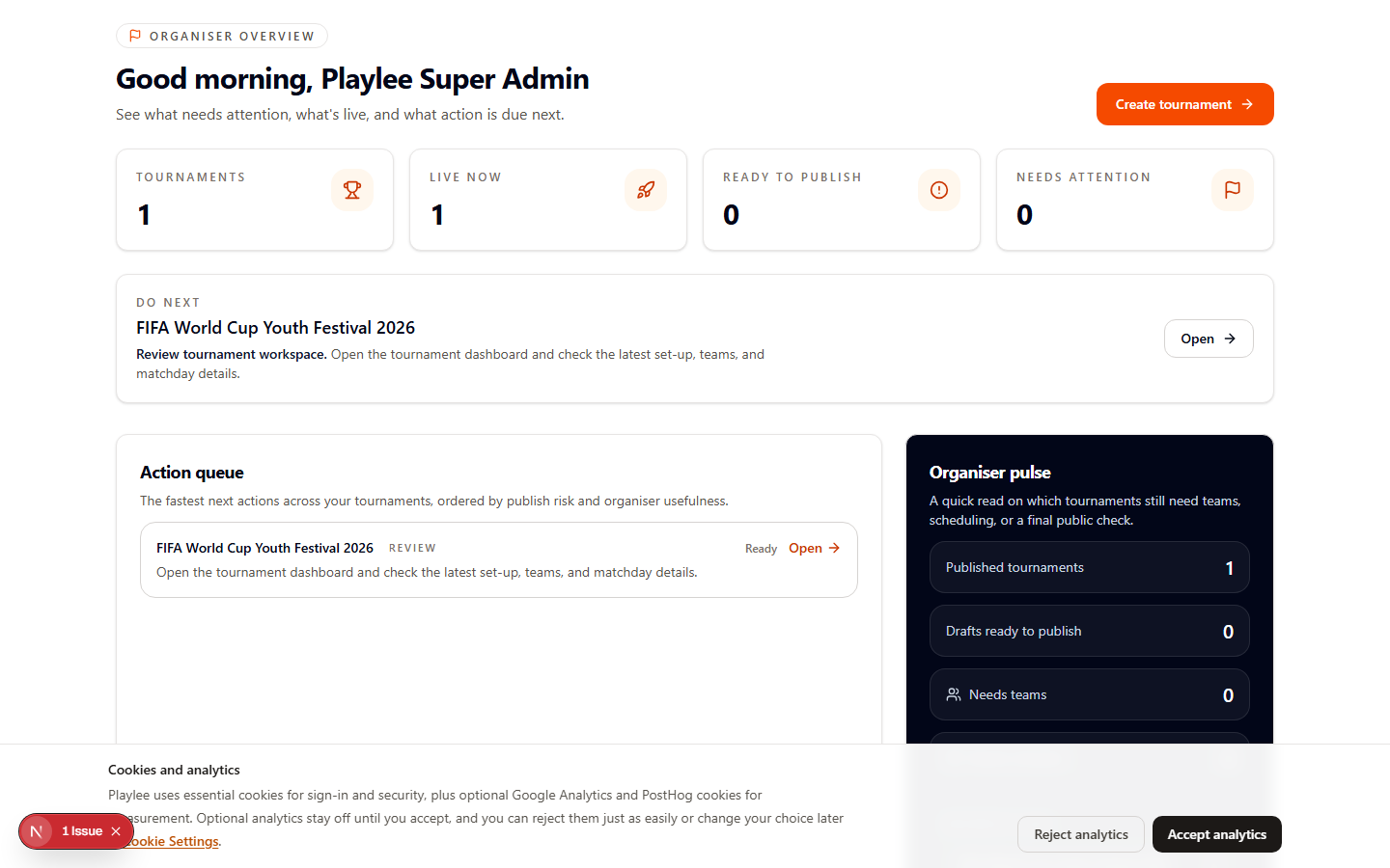 Tournament admin overview dashboard in Playlee