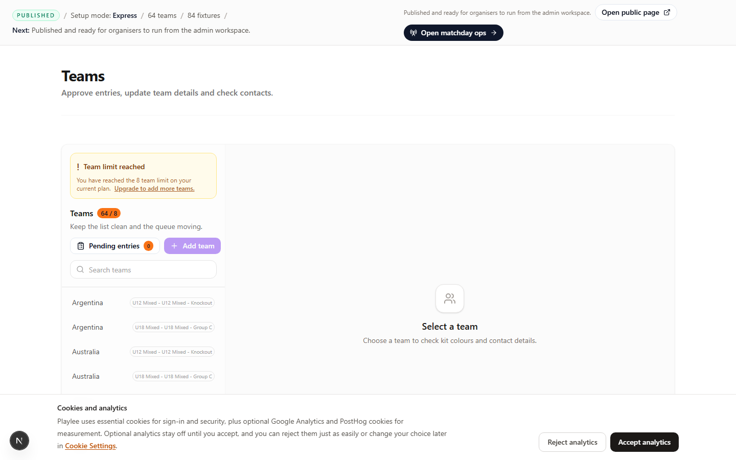 Teams workspace with clubs and divisions in Playlee